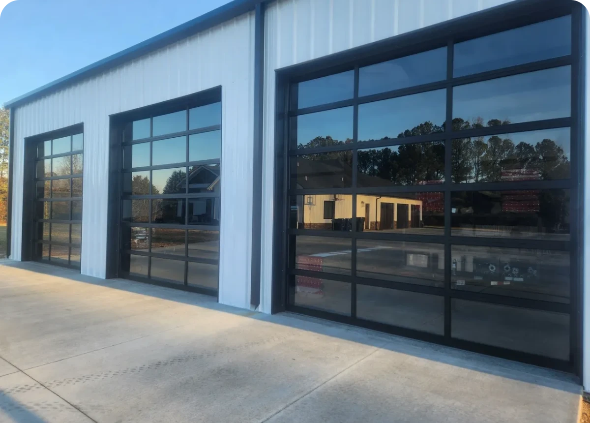 Warehouse exterior featuring big glass doors